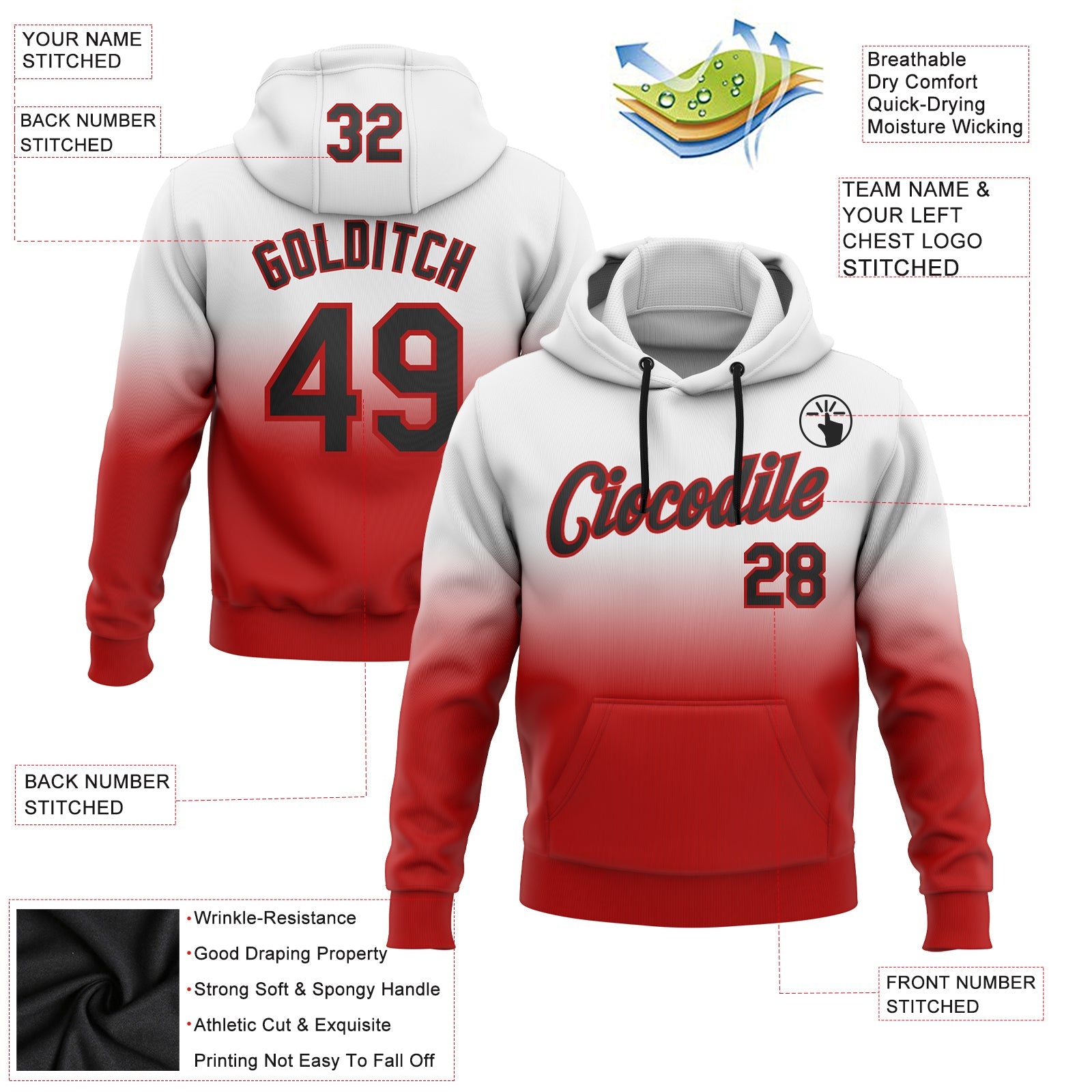 Custom White Black-Red Fade Fashion Sports Pullover Sweatshirt Hoodie