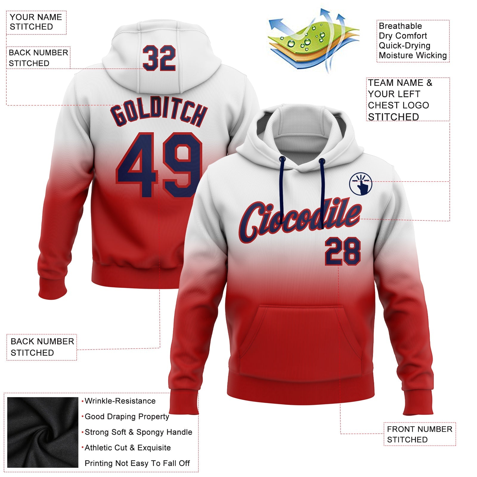 Custom White Navy-Red Fade Fashion Sports Pullover Sweatshirt Hoodie