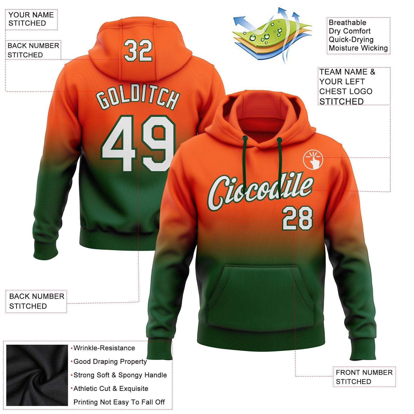 Custom Orange White-Green Fade Fashion Sports Pullover Sweatshirt Hoodie