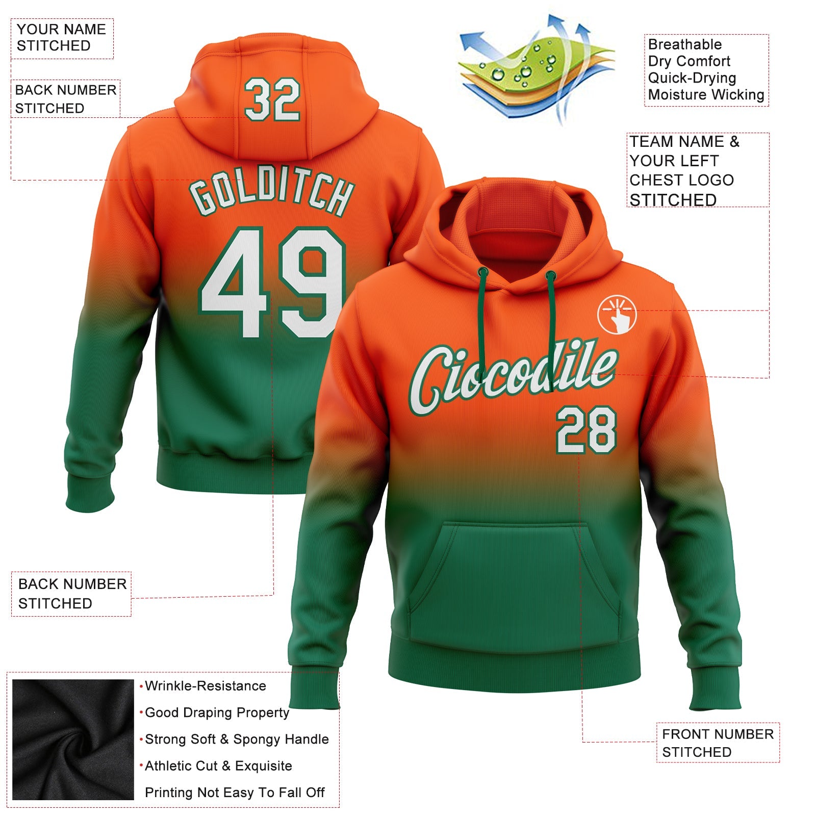 Custom Orange White-Kelly Green Fade Fashion Sports Pullover Sweatshirt Hoodie