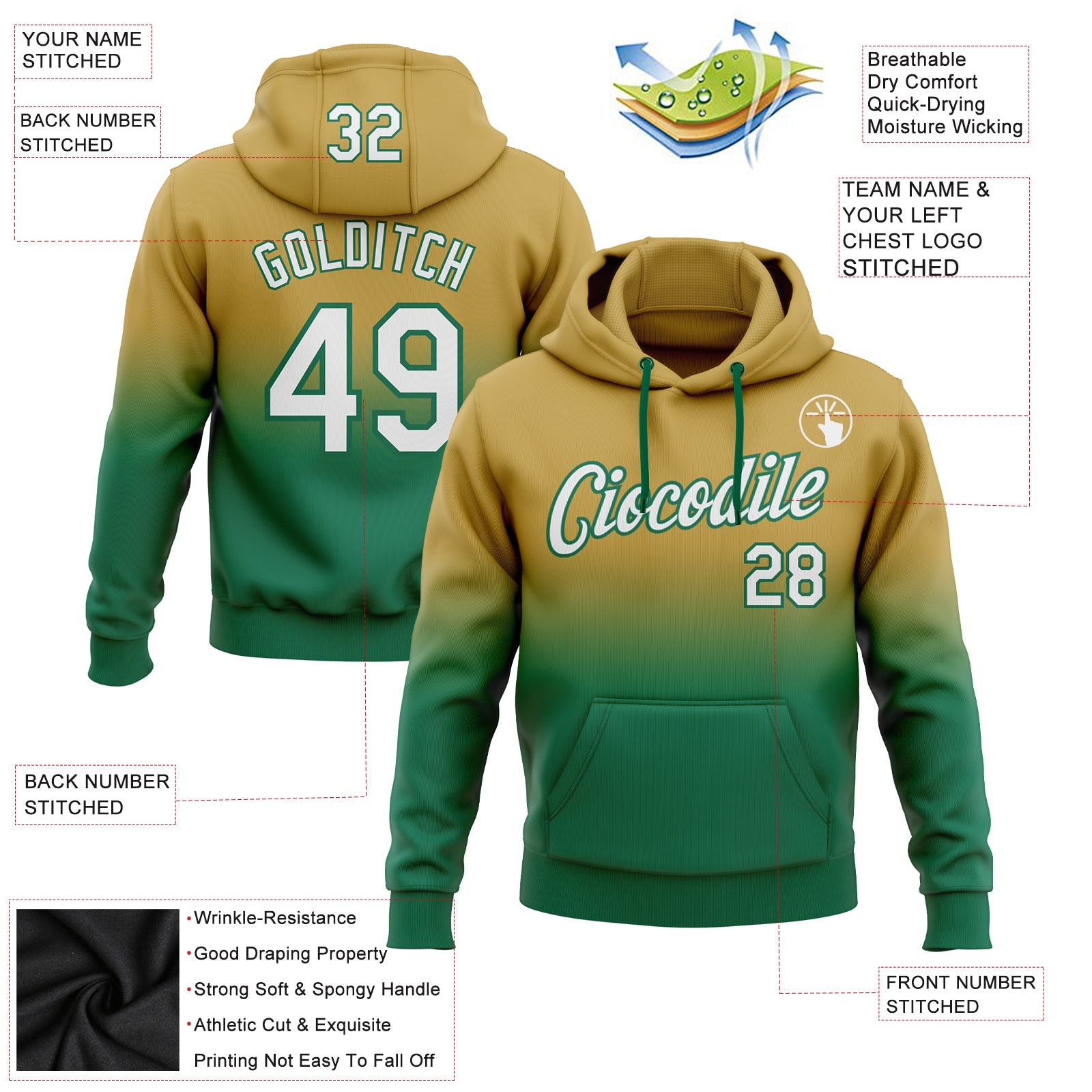 Custom Old Gold White-Kelly Green Fade Fashion Sports Pullover Sweatshirt Hoodie