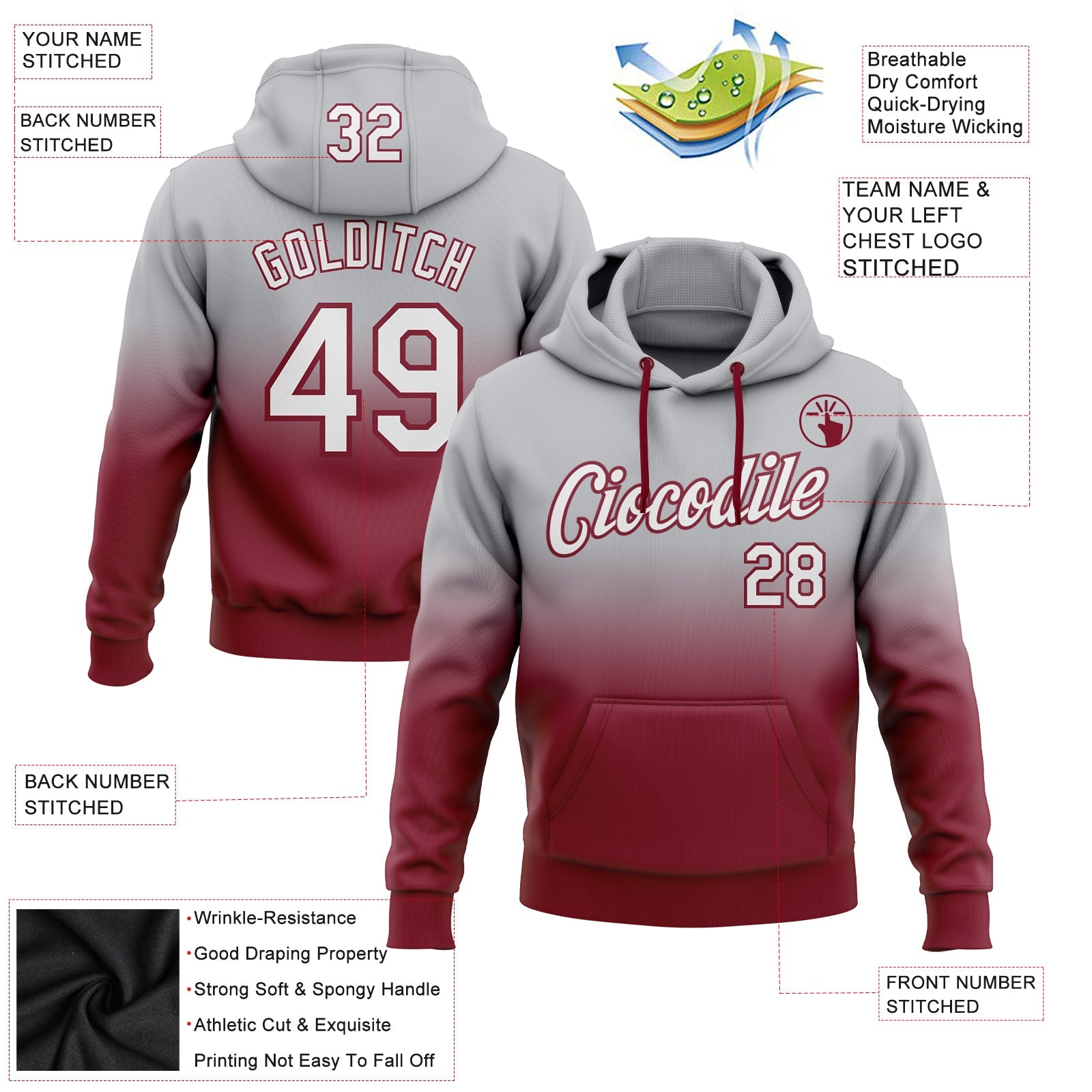 Custom Gray White-Crimson Fade Fashion Sports Pullover Sweatshirt Hoodie