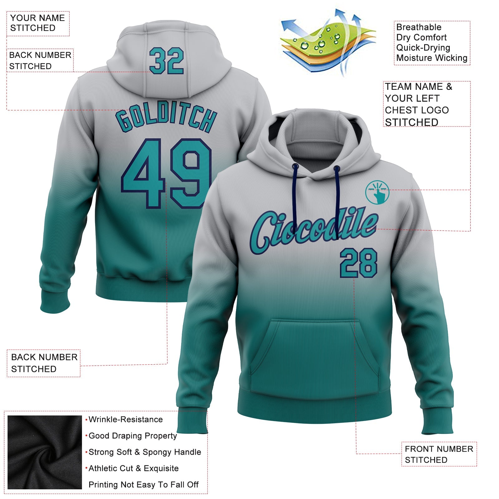 Custom Gray Teal-Navy Fade Fashion Sports Pullover Sweatshirt Hoodie