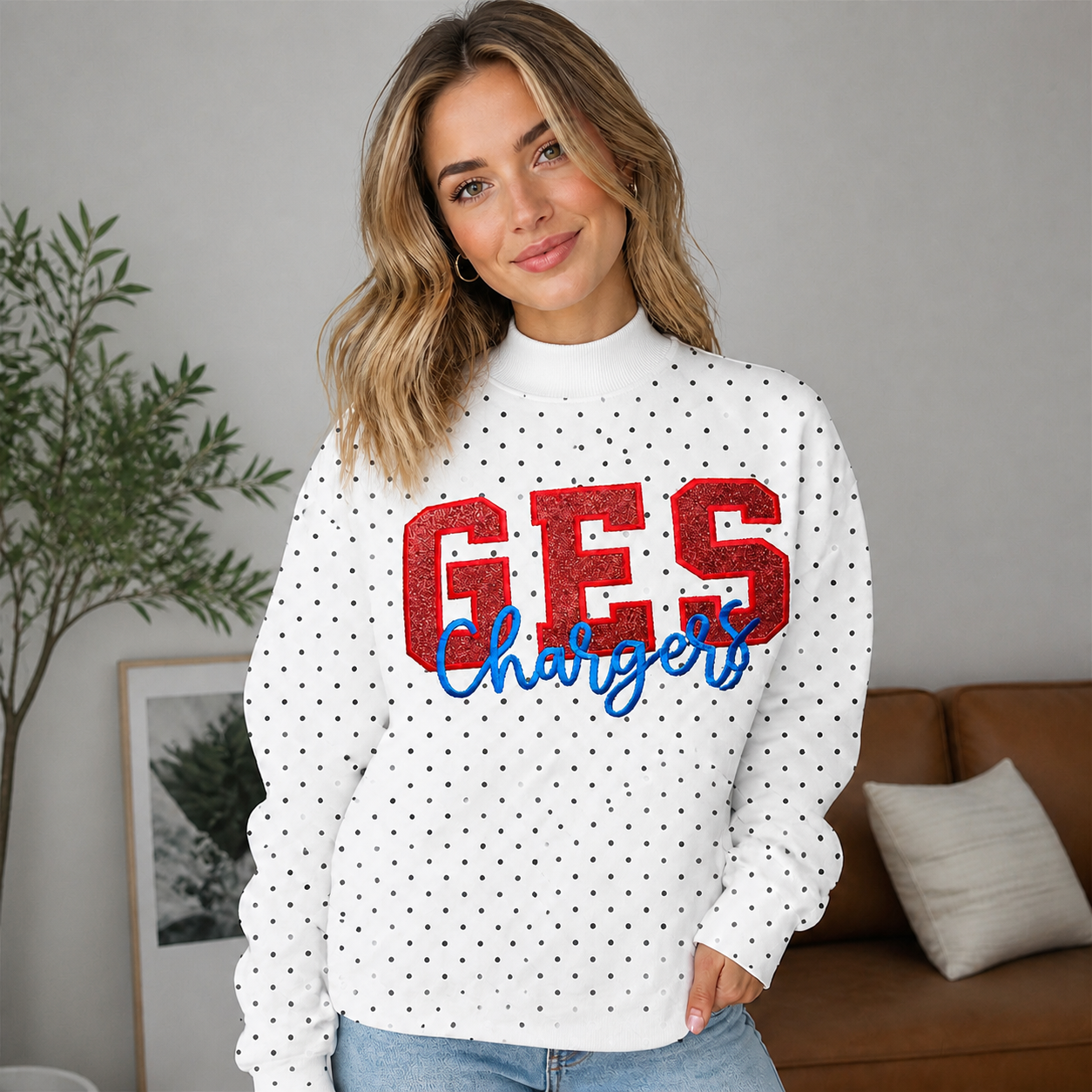 Custom Embroidered Glitter Vinyl Team Polka Dot Mockneck - Game Day Best Gear | Gifts for Sports Mom | Game Day Wear