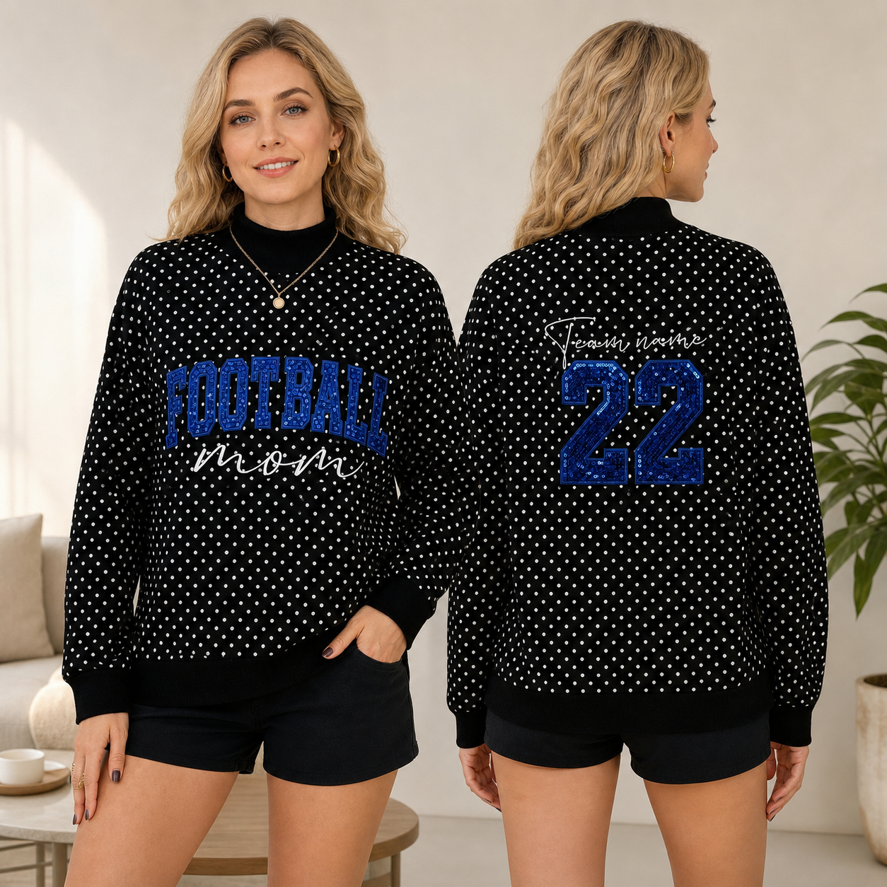 Custom Football Mom Mockneck – Personalized Sequin Polka Dot Mock Neck Pullover with Team Name & Number
