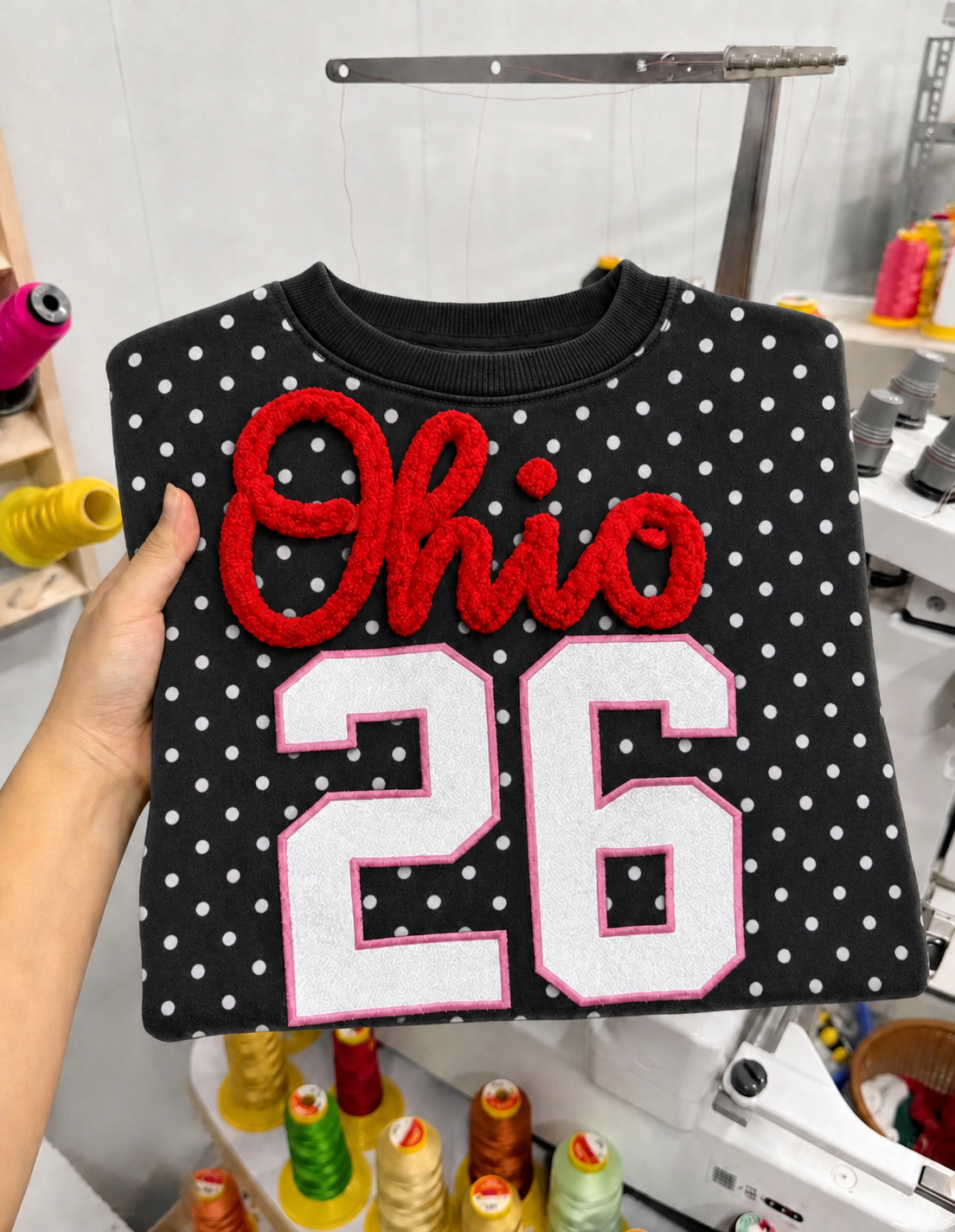 Custom Chenille Embroidered Team Name, Glitter Number Polka Dot Crewneck, Personalized Sports Sweatshirt | Game Day Wear
