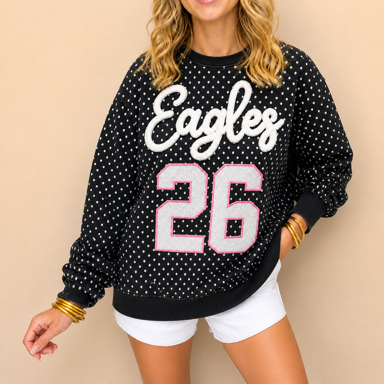 Custom Chenille Embroidered Team Name, Glitter Number Polka Dot Crewneck, Personalized Sports Sweatshirt | Game Day Wear