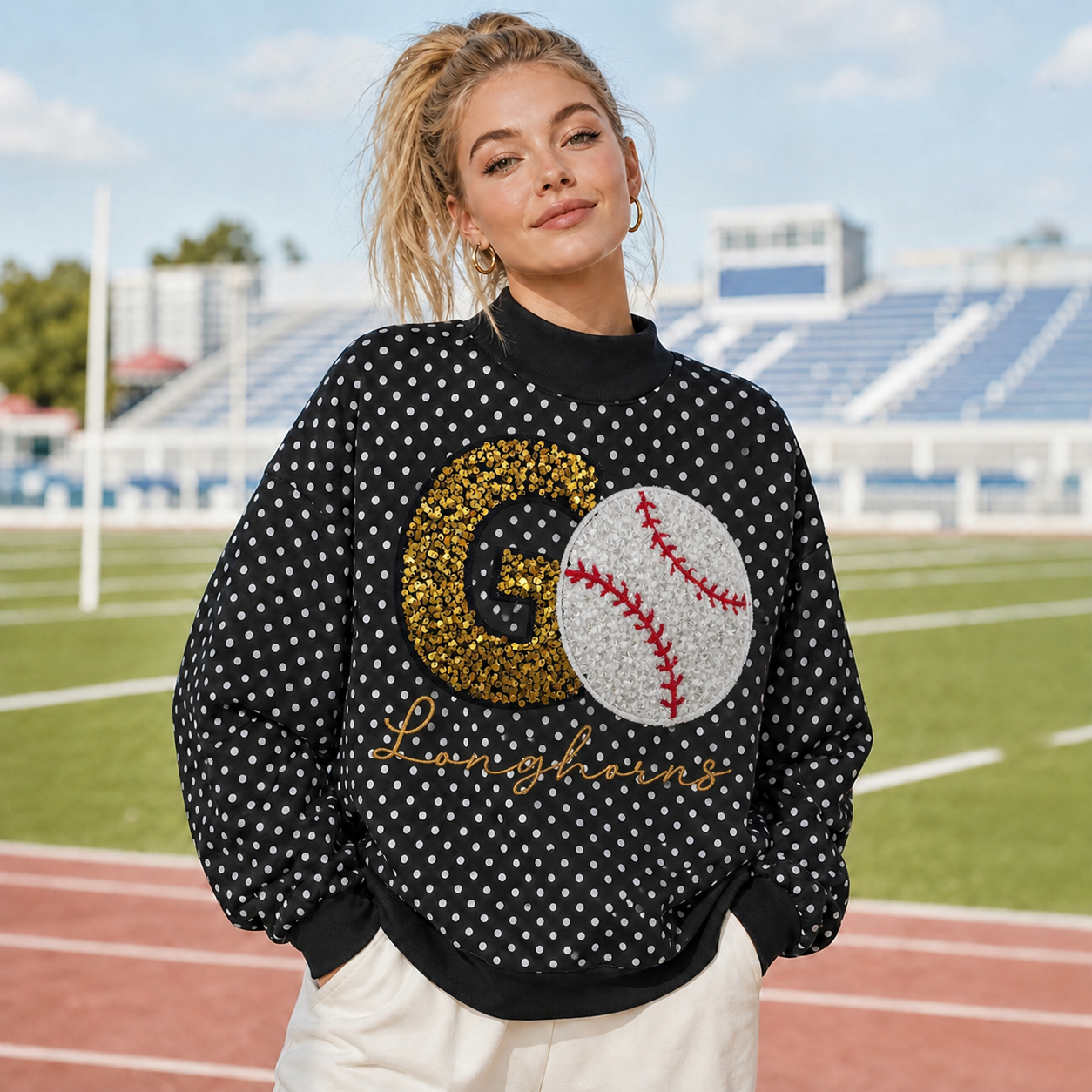 Custom Game Day Baseball Sweatshirt – Mock Neck Polka Dot Pullover with Sequin "GO" Varsity Letter & Personalized Team Name | Game Day Wear