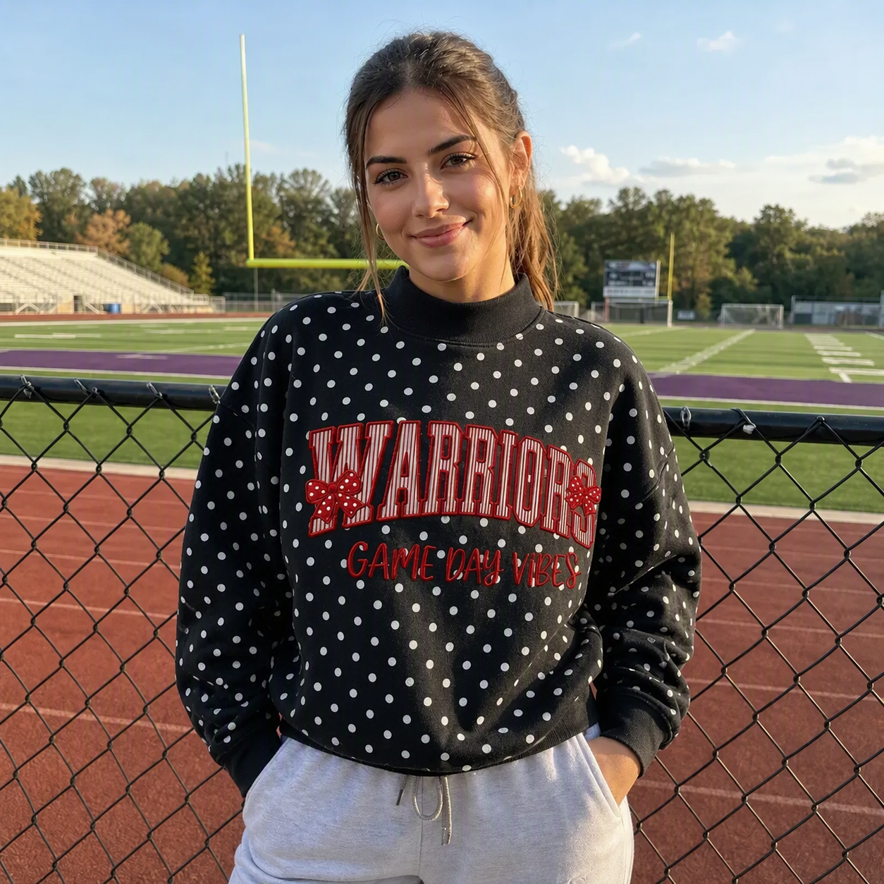 Custom Applique embroidery Gameday Polka Dot Mockneck – Made for the One Who Cheers Loudest | Game Day Wear