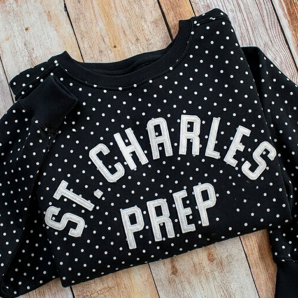 Custom Stitched Retro Wool Felt Letter Polka Dot Sweatshirt Vintage Style Varsity Crewneck