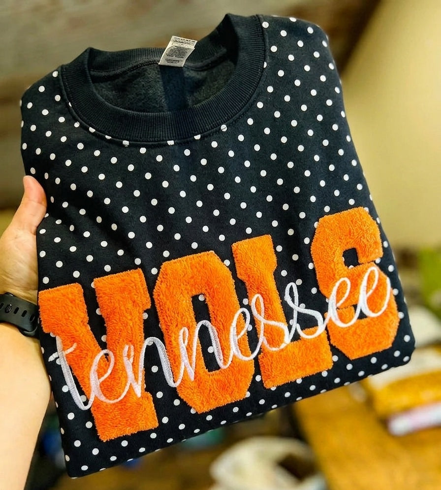 Custom Embroidered Applique patch College Polka Dot Sweatshirt | Gifts for Sports Mom
