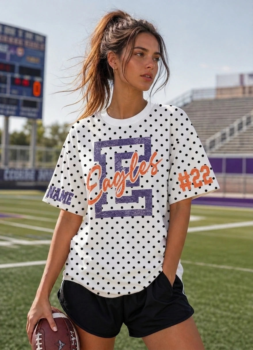 Custom Spirit Shirt – Personalized Team Name & Number Polka Dot T-shirt | Game Day Wear