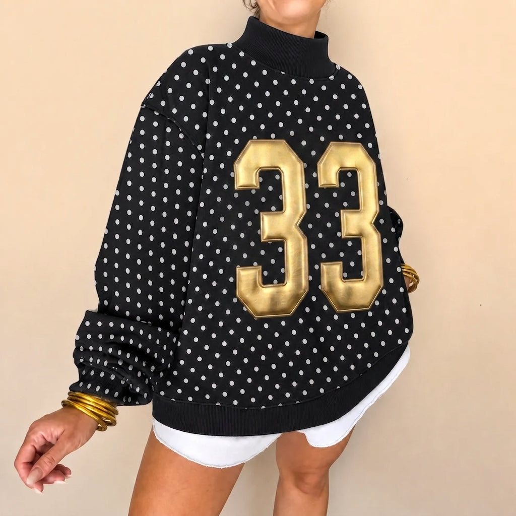 Custom Metallic Puff Number Polka Dot Mockneck| Personalized Team Number Game Day Wear