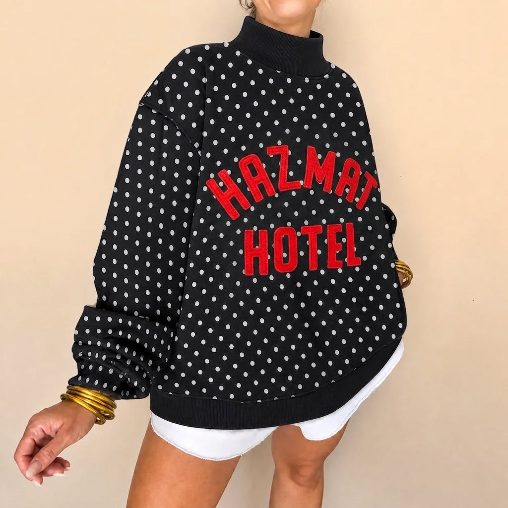 Custom Stitched Retro Wool Felt Letter Polka Dot Mockneck Vintage Style Varsity
