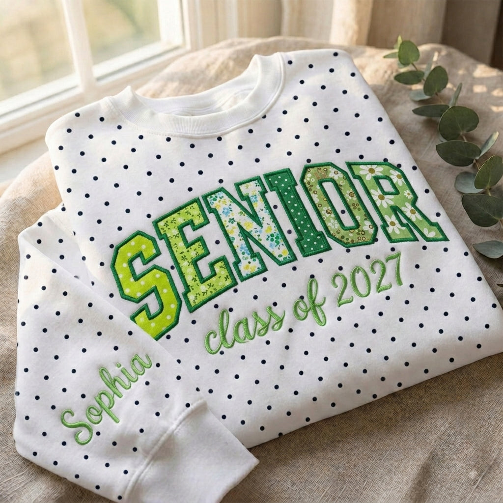 Personalized Polka Dot Senior Sweatshirt – Class of 2027 Applique Patchwork Crewneck with Custom Name Sleeve