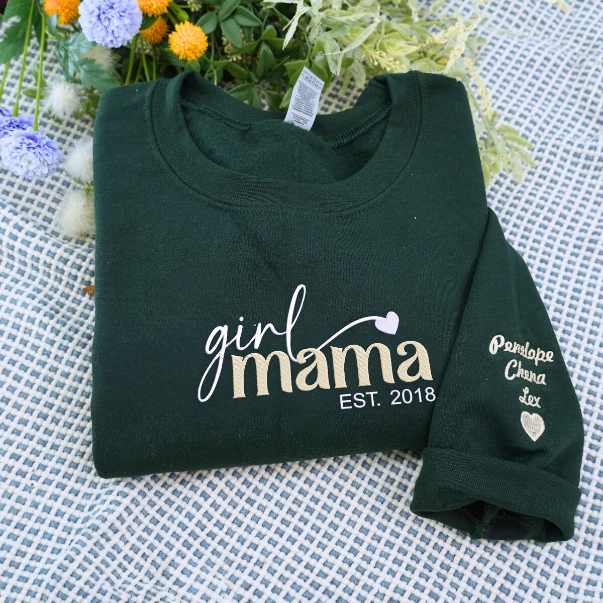 Custom Embroidered Girl Mama T-shirt or Hoodie with Kid Names on Sleeve - Gift for Girl Mama