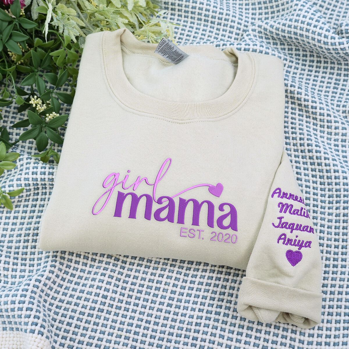 Custom Embroidered Girl Mama T-shirt or Hoodie with Kid Names on Sleeve - Gift for Girl Mama