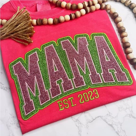 Custom Personalized Two Color Glitter Embroidered Mom T-Shirt|Christmas Gift