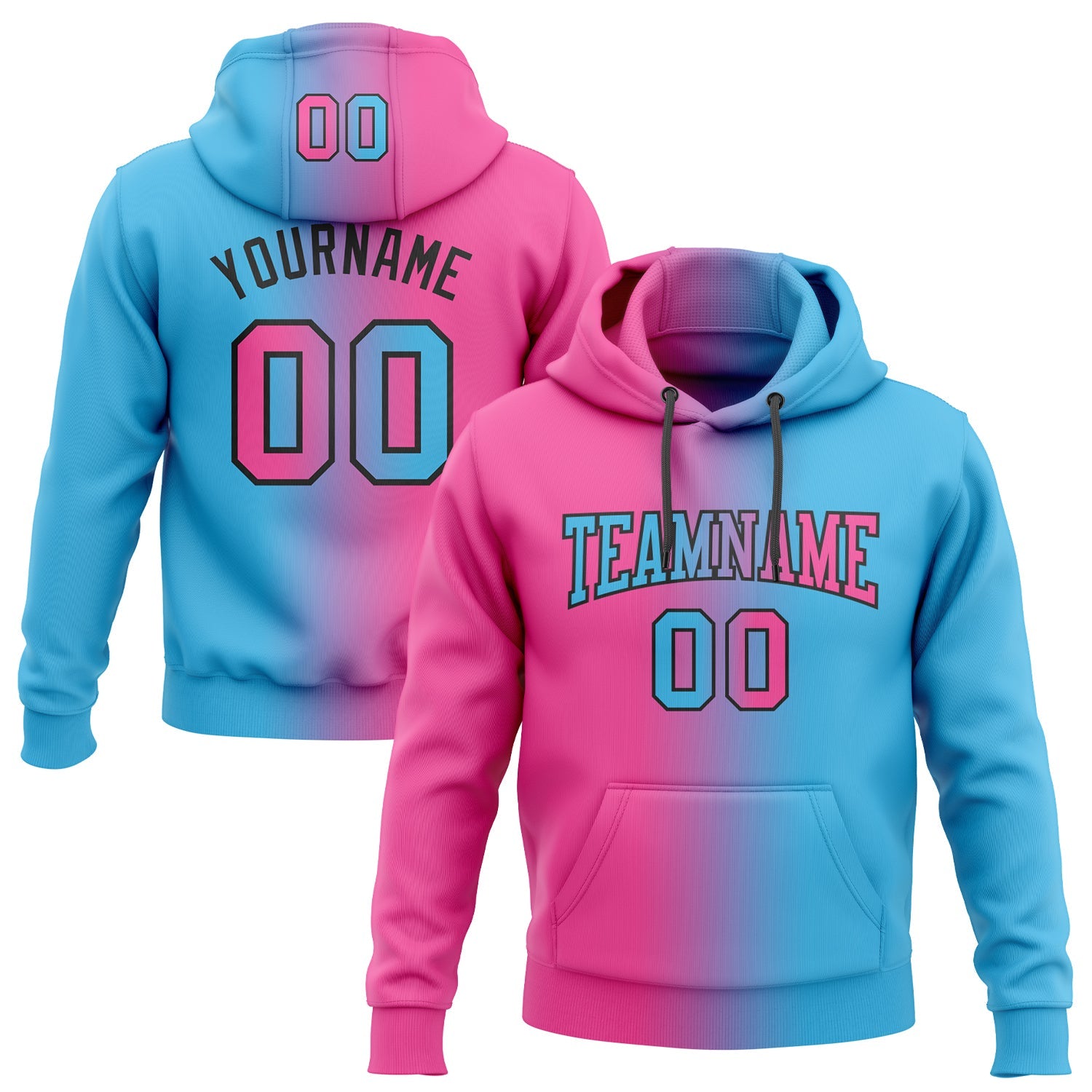 Custom Gradient Fashion Sky Blue Pink-Black Sports Pullover Sweatshirt Hoodie