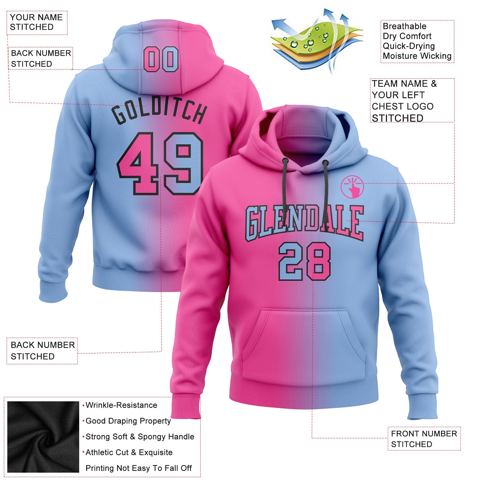 Custom Gradient Fashion Light Blue Pink-Black Sports Pullover Sweatshirt Hoodie