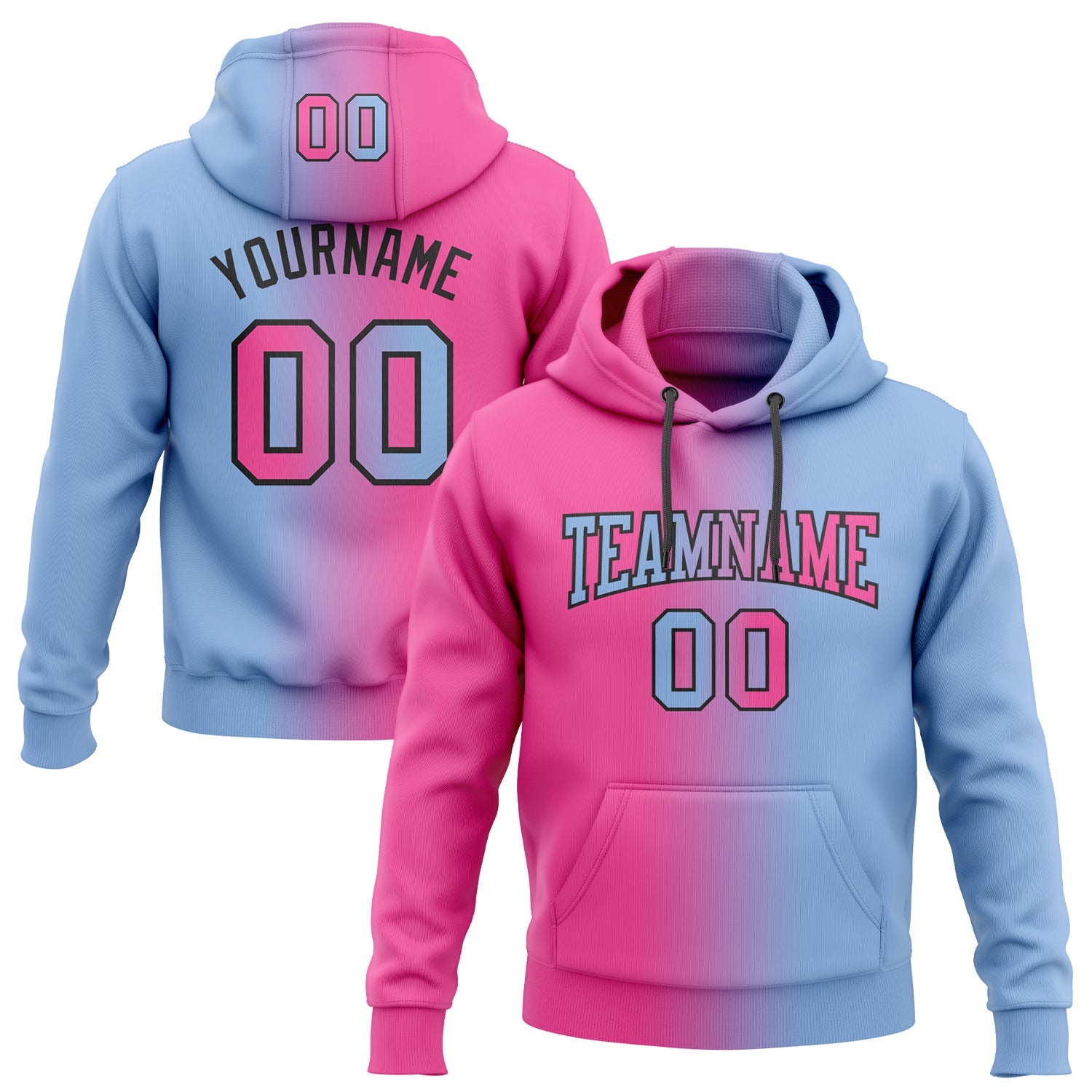 Custom Gradient Fashion Light Blue Pink-Black Sports Pullover Sweatshirt Hoodie