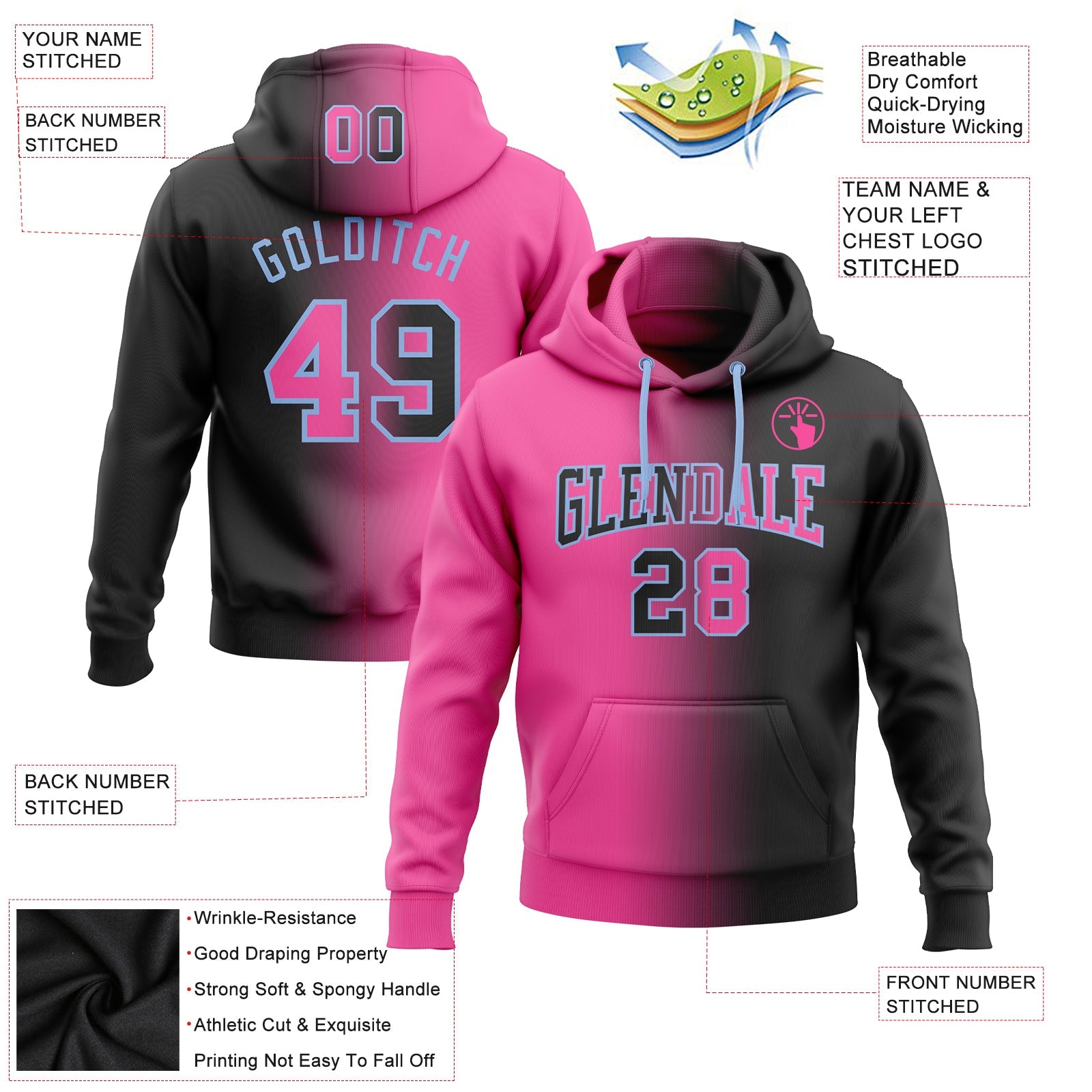Custom Gradient Fashion Black Pink-Light Blue Sports Pullover Sweatshirt Hoodie