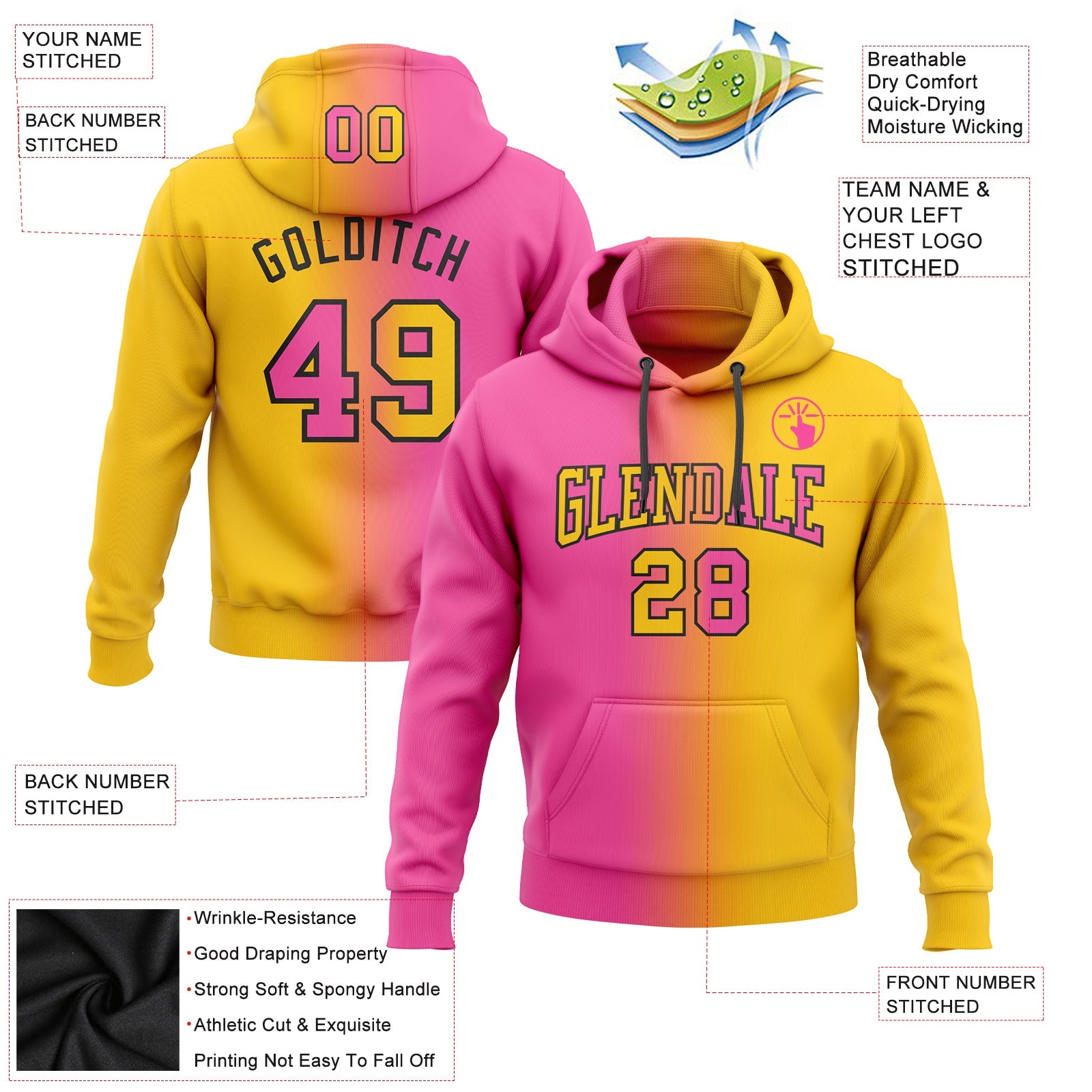 Custom Gradient Fashion Yellow Pink-Black Sports Pullover Sweatshirt Hoodie