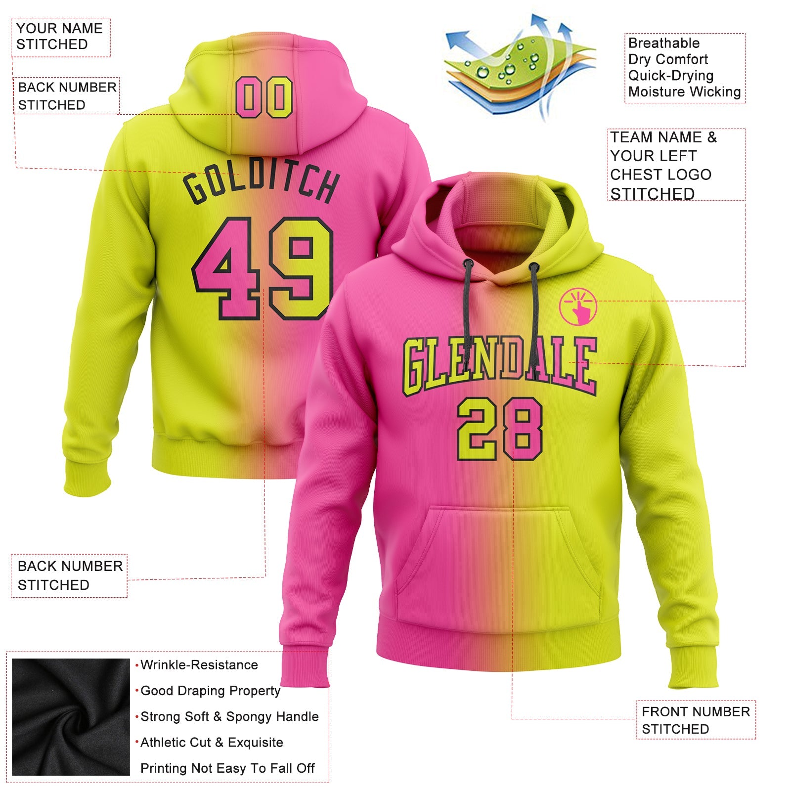 Custom Gradient Fashion Neon Yellow Pink-Black Sports Pullover Sweatshirt Hoodie