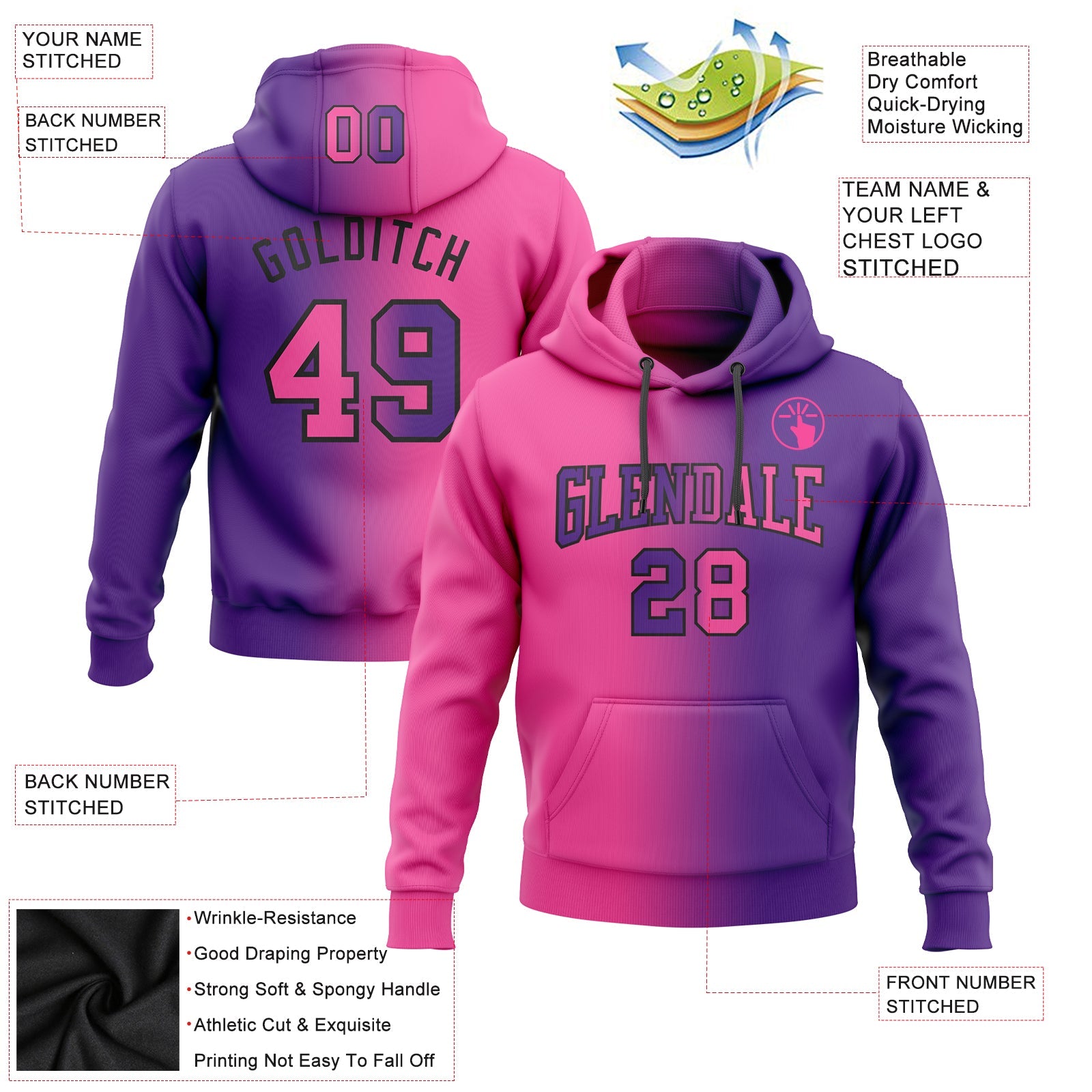 Custom Gradient Fashion Purple Pink-Black Sports Pullover Sweatshirt Hoodie