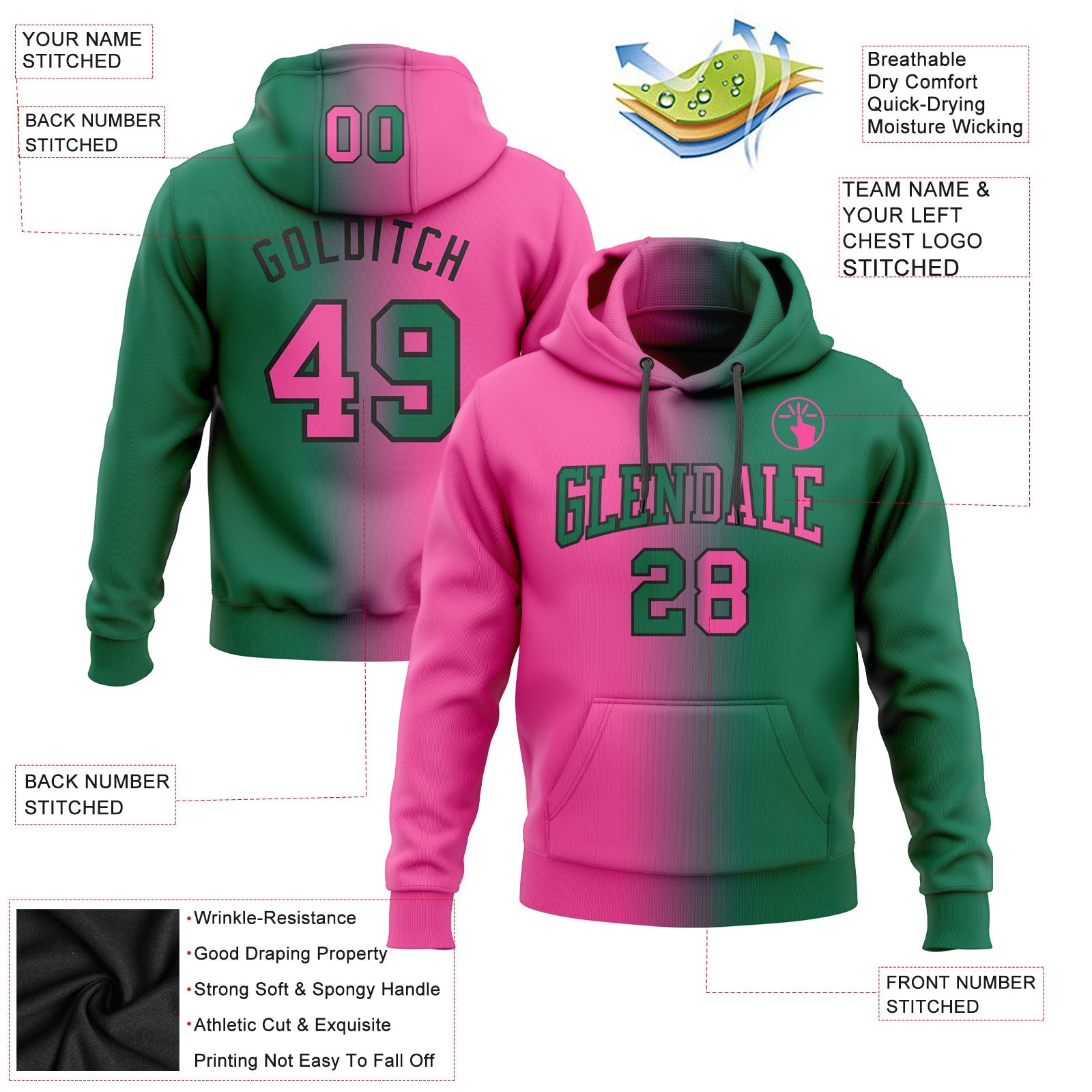 Custom Gradient Fashion elly Green Pink-Black Sports Pullover Sweatshirt Hoodie