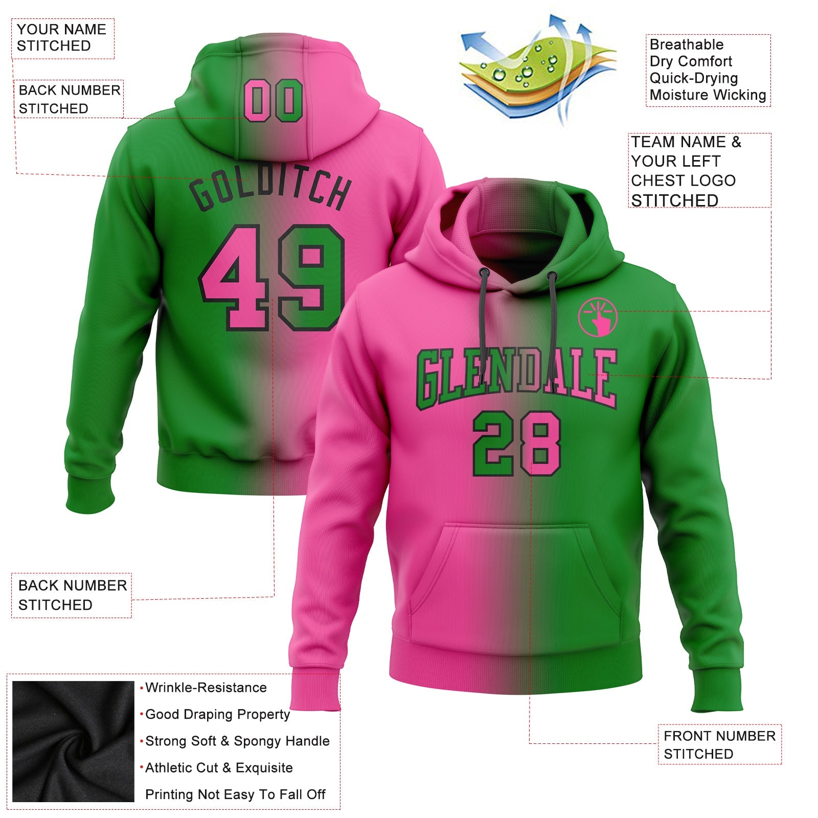 Custom Gradient Fashion Grass Green Pink-Black Sports Pullover Sweatshirt Hoodie