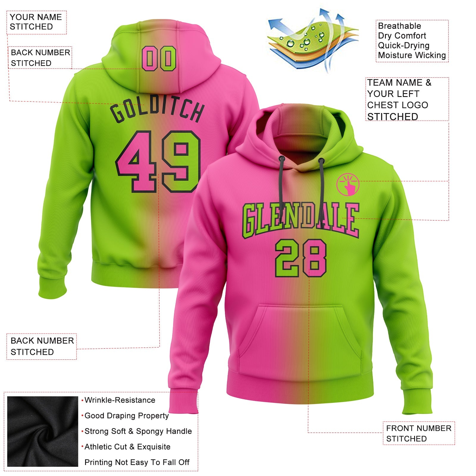 Custom Gradient Fashion Neon Green Pink-Black Sports Pullover Sweatshirt Hoodie