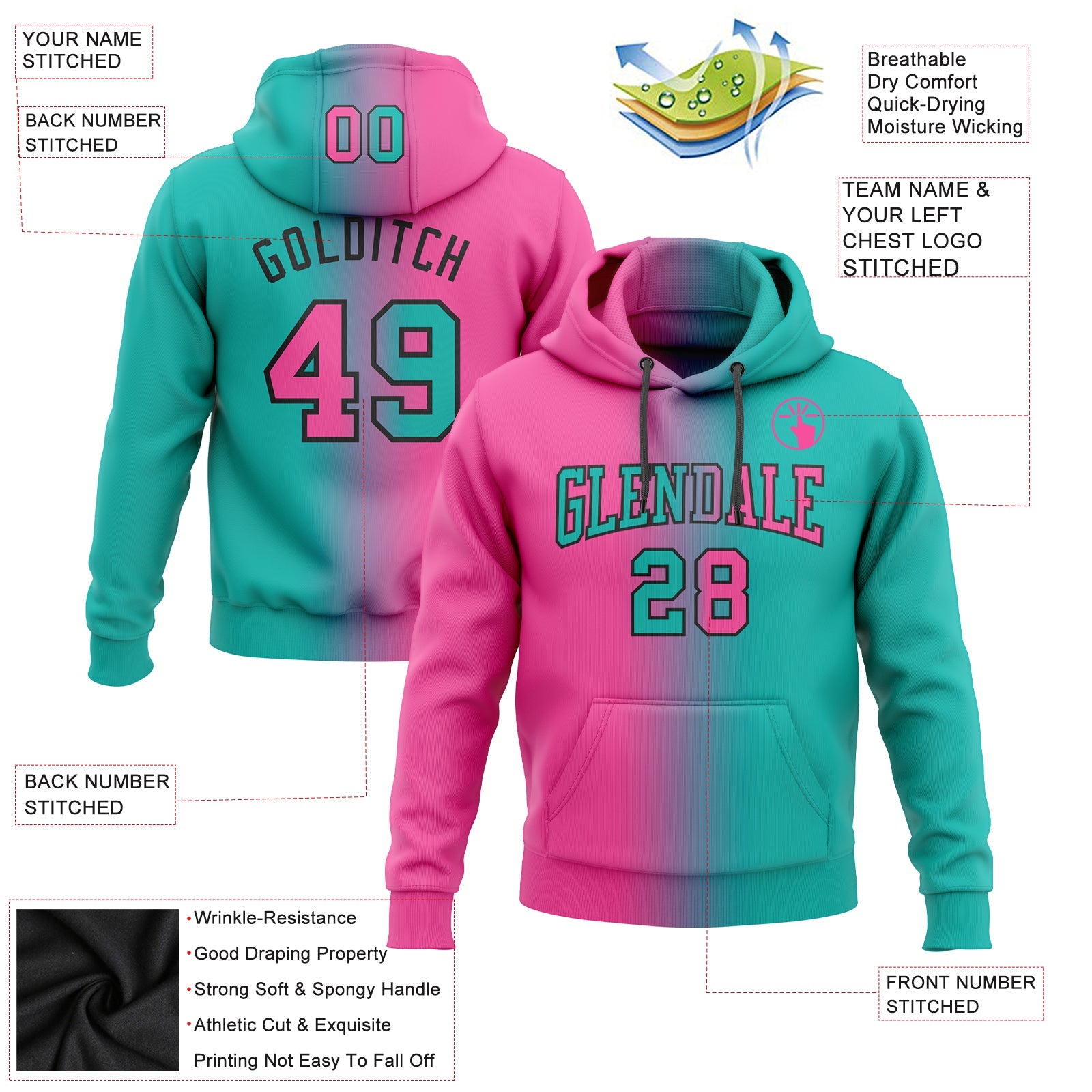 Custom Gradient Fashion Aqua Pink-Black Sports Pullover Sweatshirt Hoodie