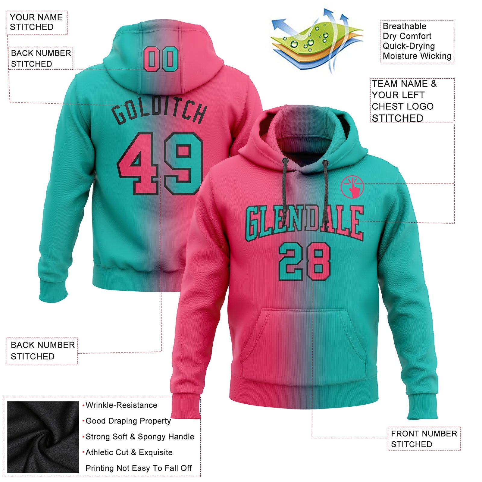 Custom Gradient Fashion Aqua Neon Pink-Black Sports Pullover Sweatshirt Hoodie