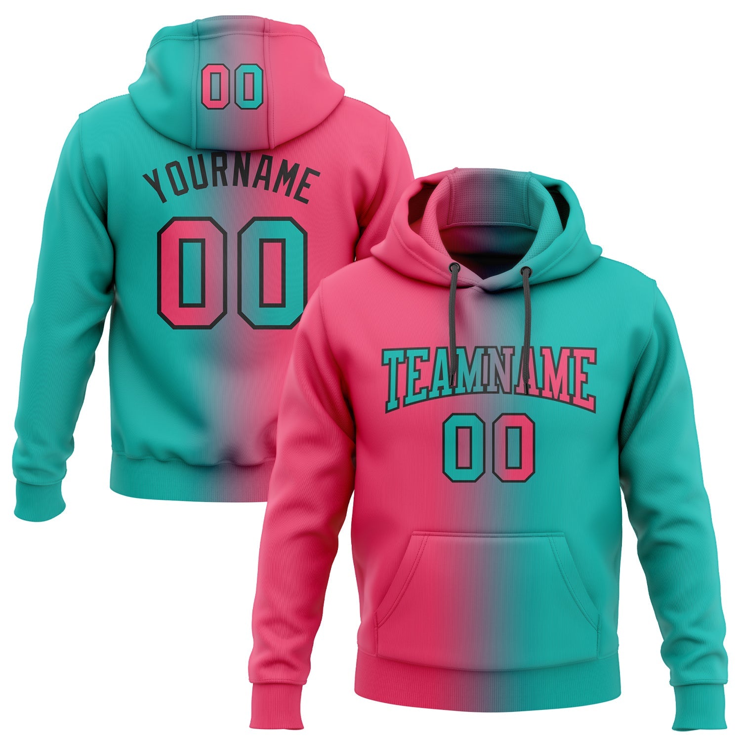 Custom Gradient Fashion Aqua Neon Pink-Black Sports Pullover Sweatshirt Hoodie