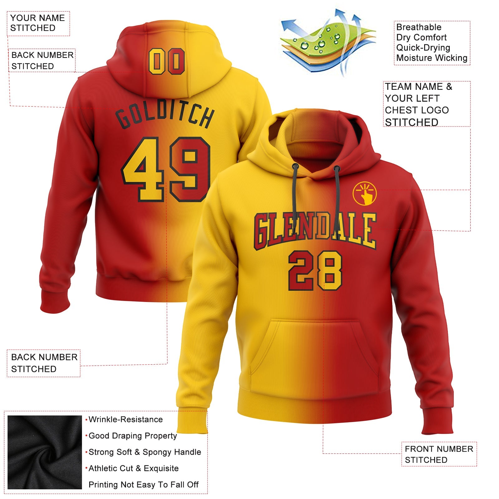 Custom Gradient Fashion Red Yellow-Black Sports Pullover Sweatshirt Hoodie