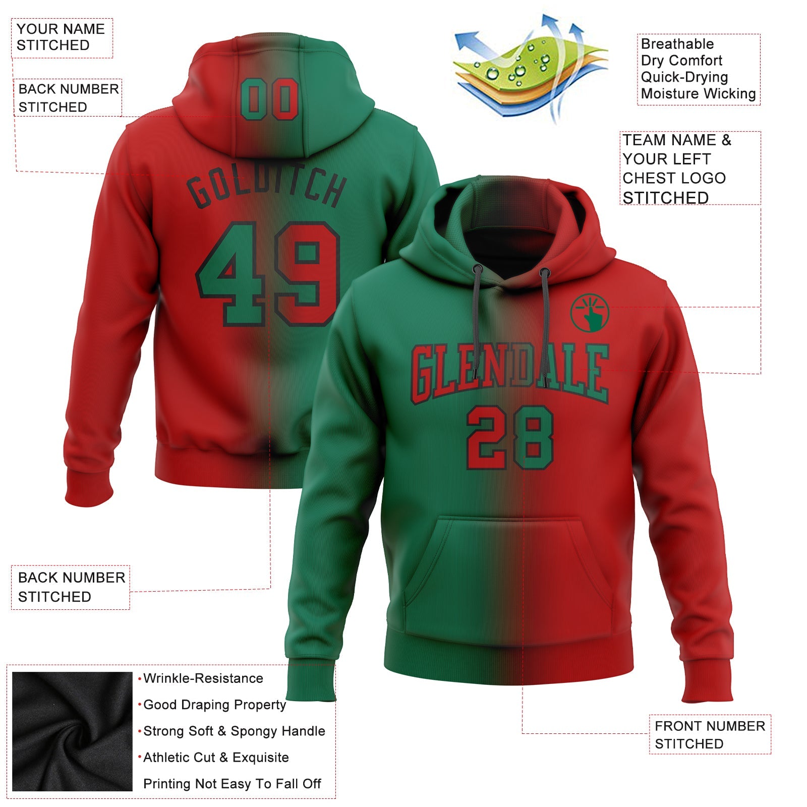 Custom Gradient Fashion Red Kelly Green-Black Sports Pullover Sweatshirt Hoodie
