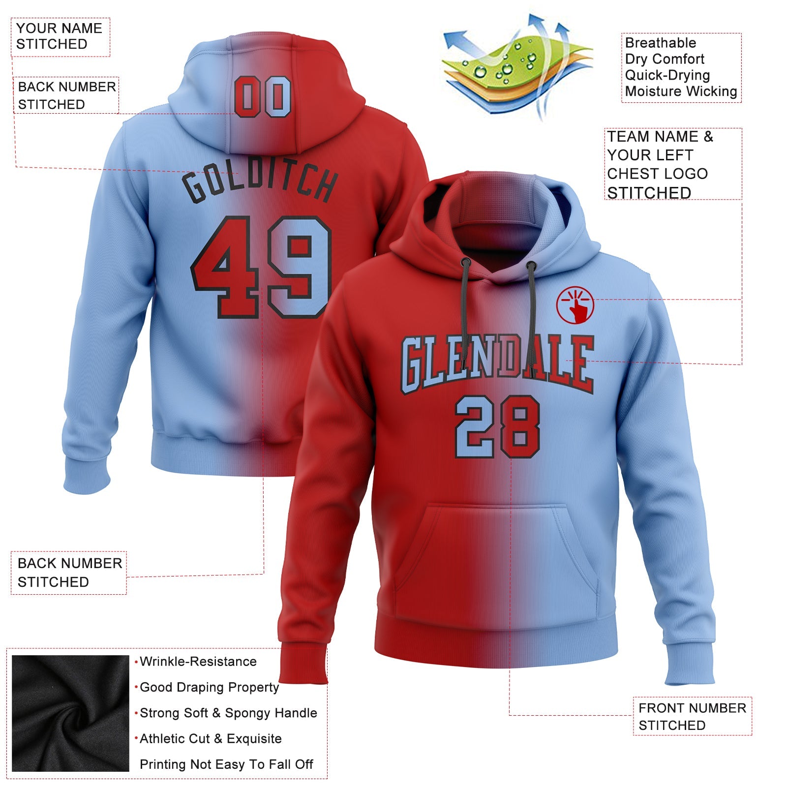Custom Gradient Fashion Light Blue Red-Black Sports Pullover Sweatshirt Hoodie