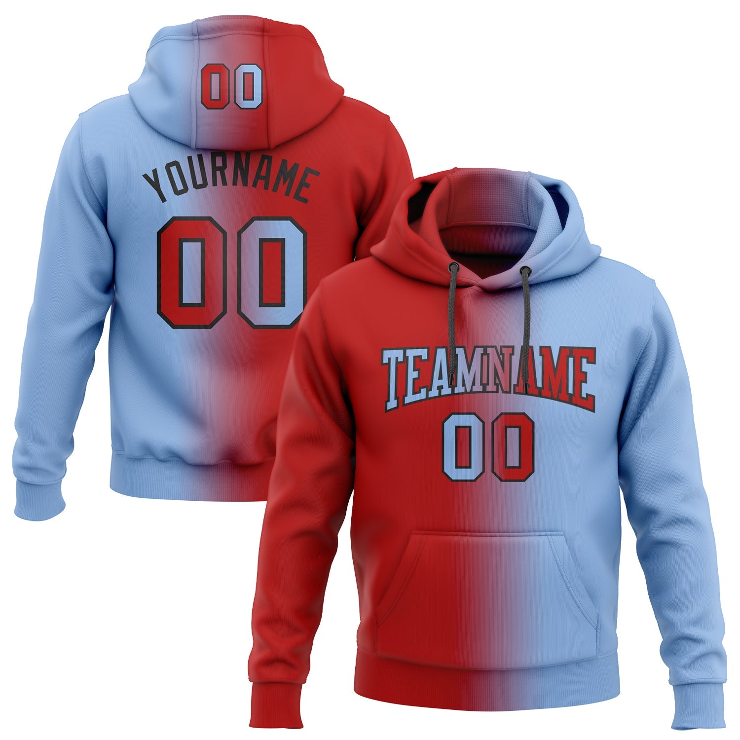 Custom Gradient Fashion Light Blue Red-Black Sports Pullover Sweatshirt Hoodie
