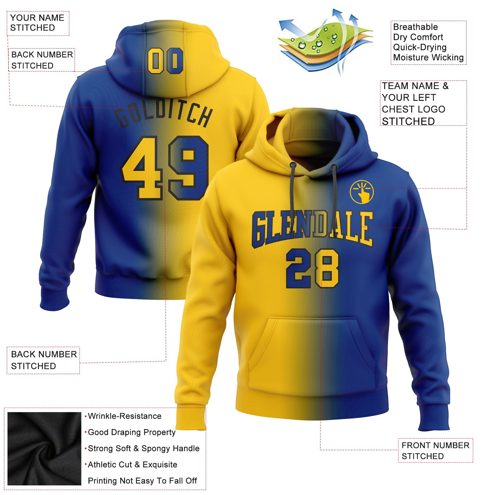 Custom Gradient Fashion Royal Yellow-Black Sports Pullover Sweatshirt Hoodie