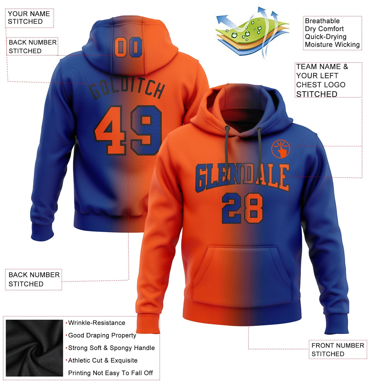 Custom Gradient Fashion Royal Orange-Black Sports Pullover Sweatshirt Hoodie
