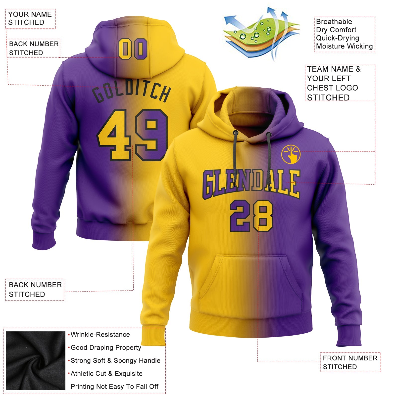 Custom Gradient Fashion Purple Yellow-Black Sports Pullover Sweatshirt Hoodie