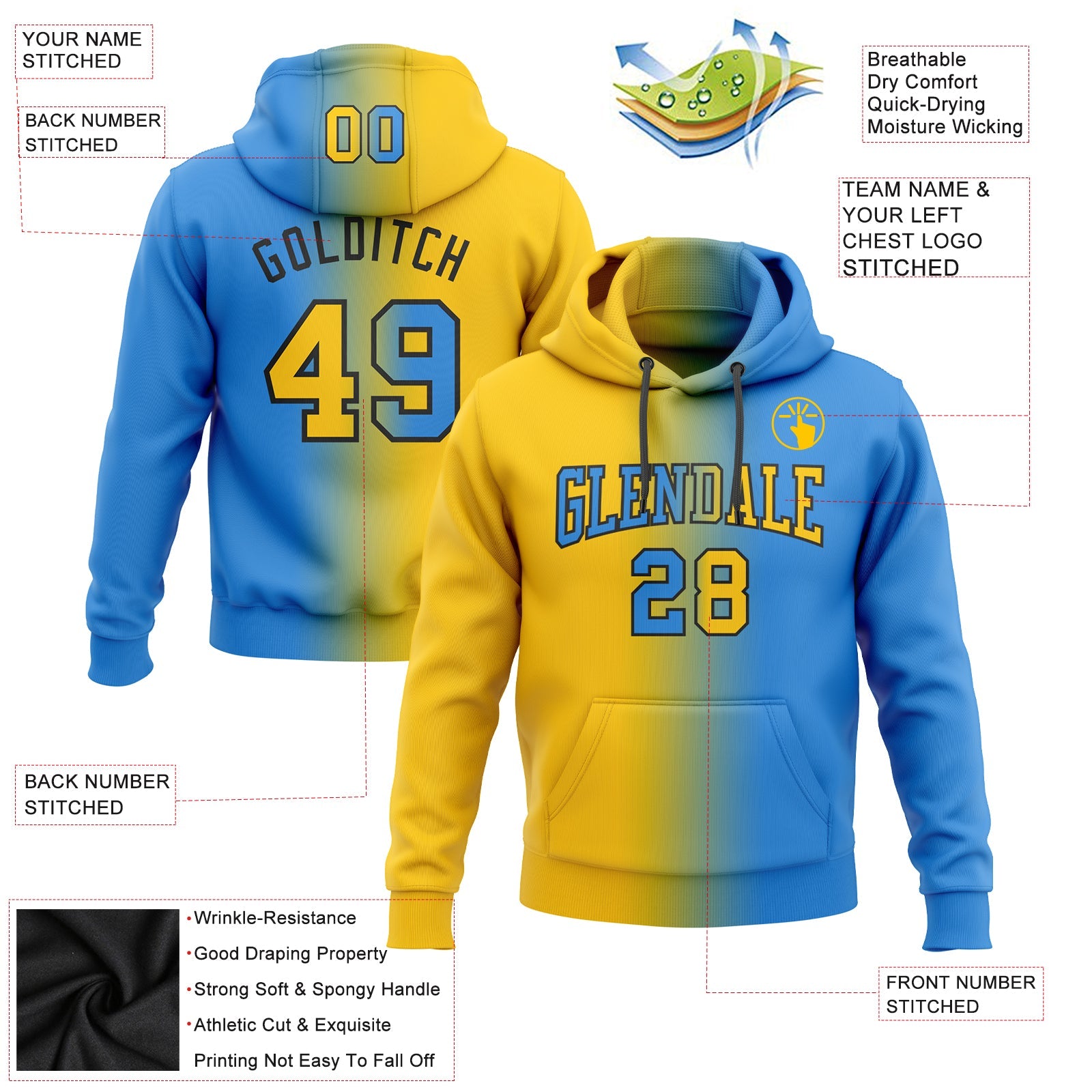 Custom Gradient Fashion Electric Blue Yellow-Black Sports Pullover Sweatshirt Hoodie