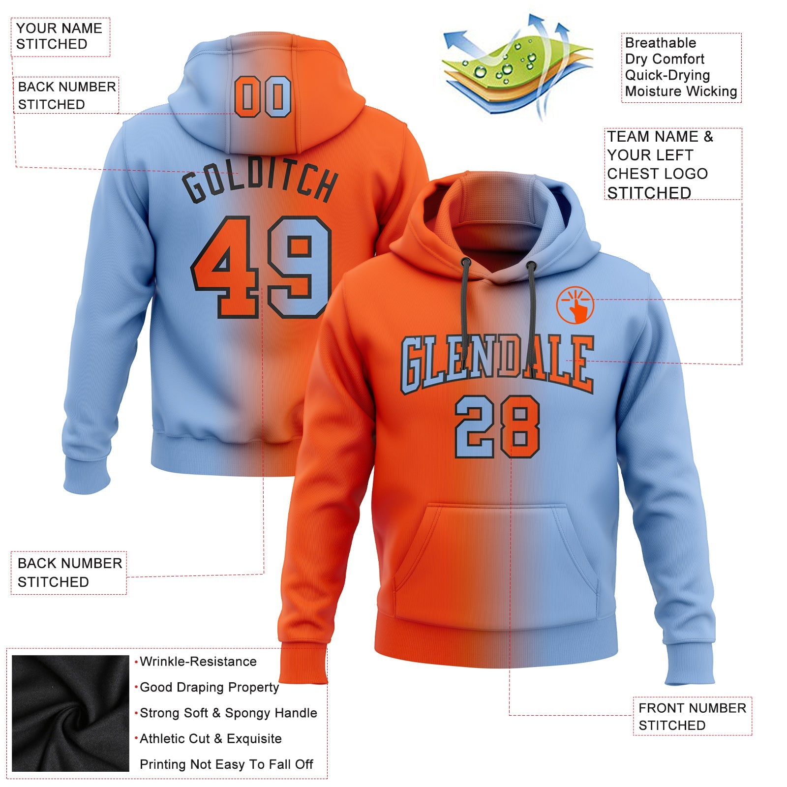 Custom Gradient Fashion Light Blue Orange-Black Sports Pullover Sweatshirt Hoodie