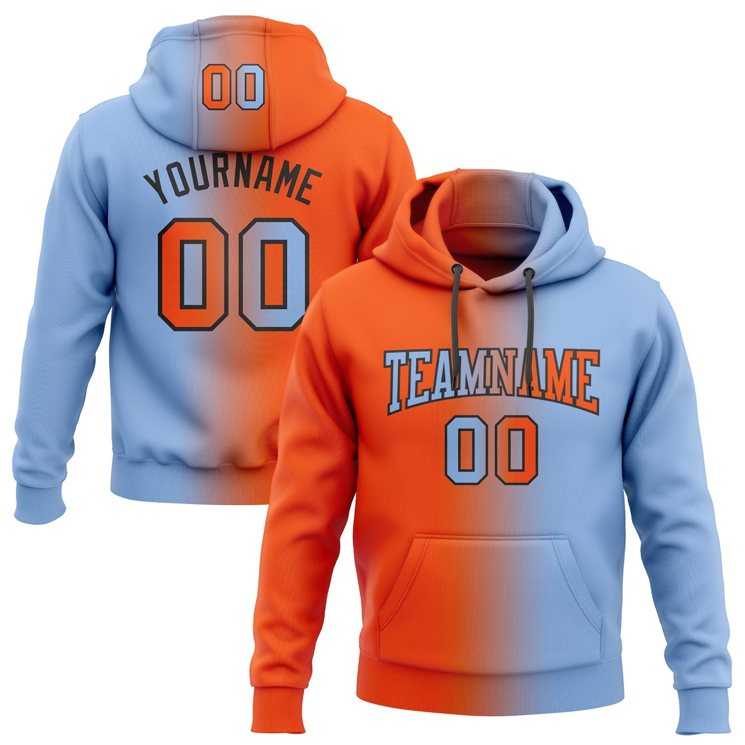 Custom Gradient Fashion Light Blue Orange-Black Sports Pullover Sweatshirt Hoodie