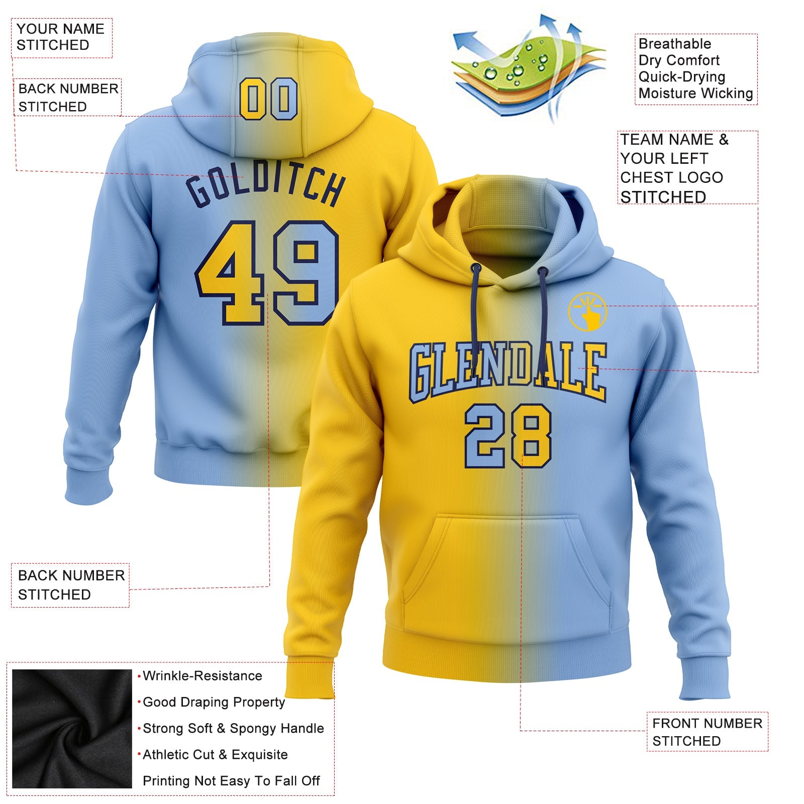 Custom Gradient Fashion Light Blue Yellow-Navy Sports Pullover Sweatshirt Hoodie