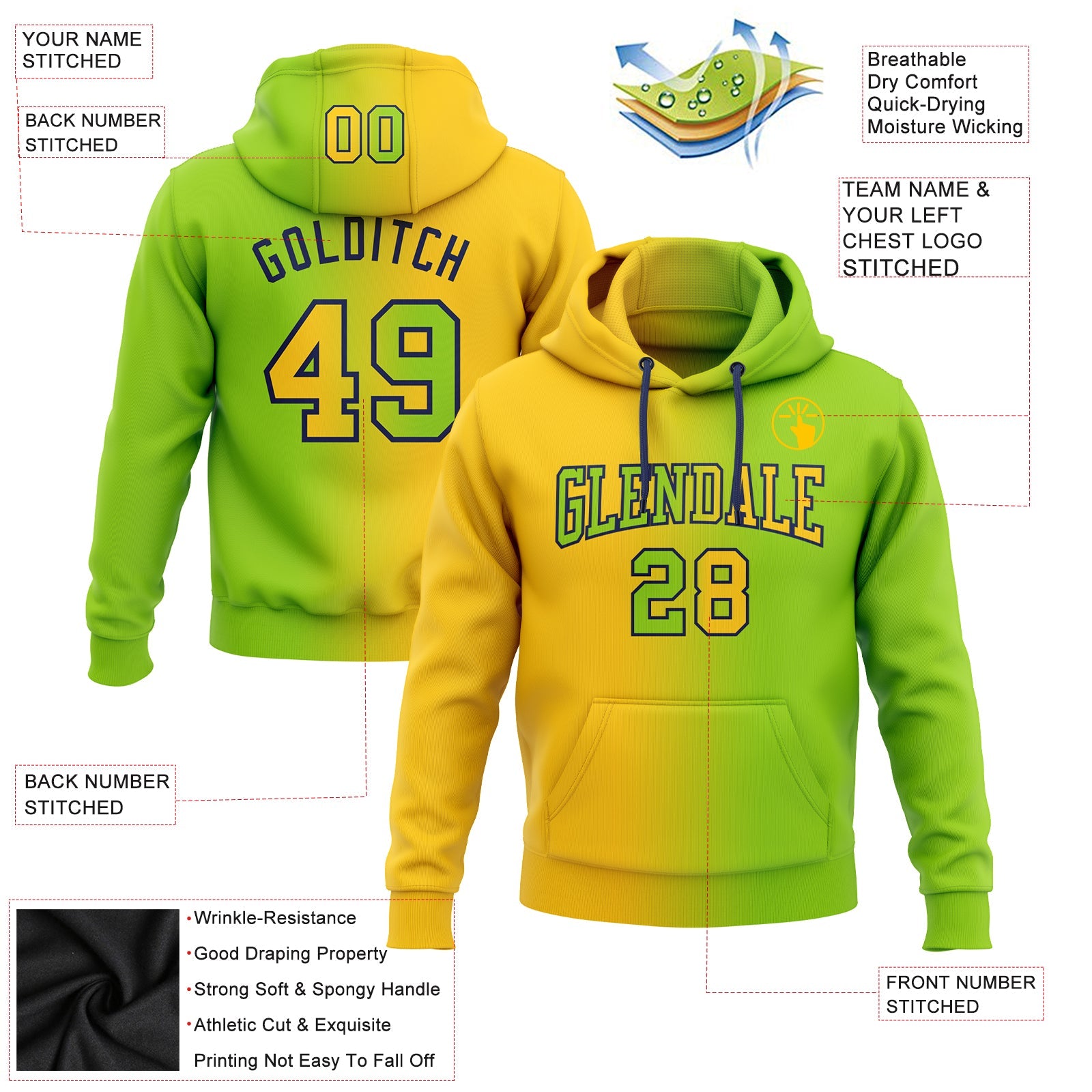 Custom Gradient Fashion Neon Green Yellow-Navy Sports Pullover Sweatshirt Hoodie