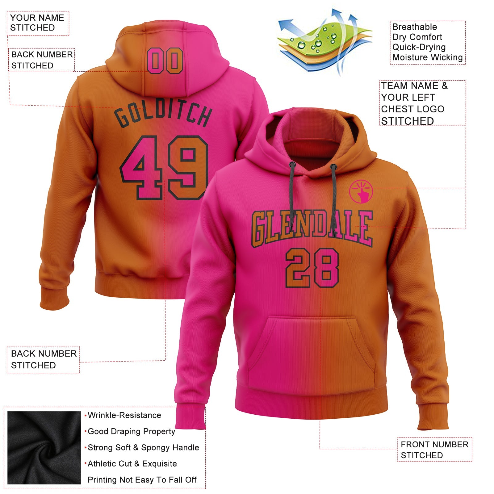 Custom Gradient Fashion Texas Orange Hot Pink-Black Sports Pullover Sweatshirt Hoodie