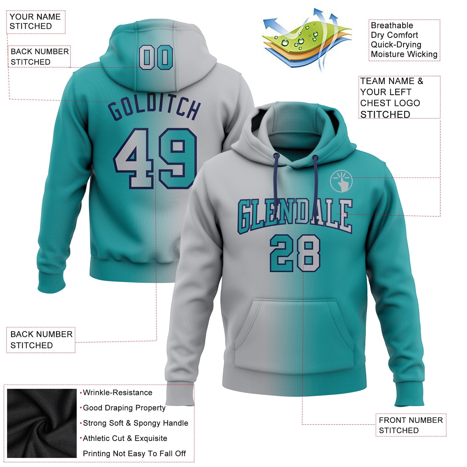Custom Gradient Fashion Teal Gray-Navy Sports Pullover Sweatshirt Hoodie