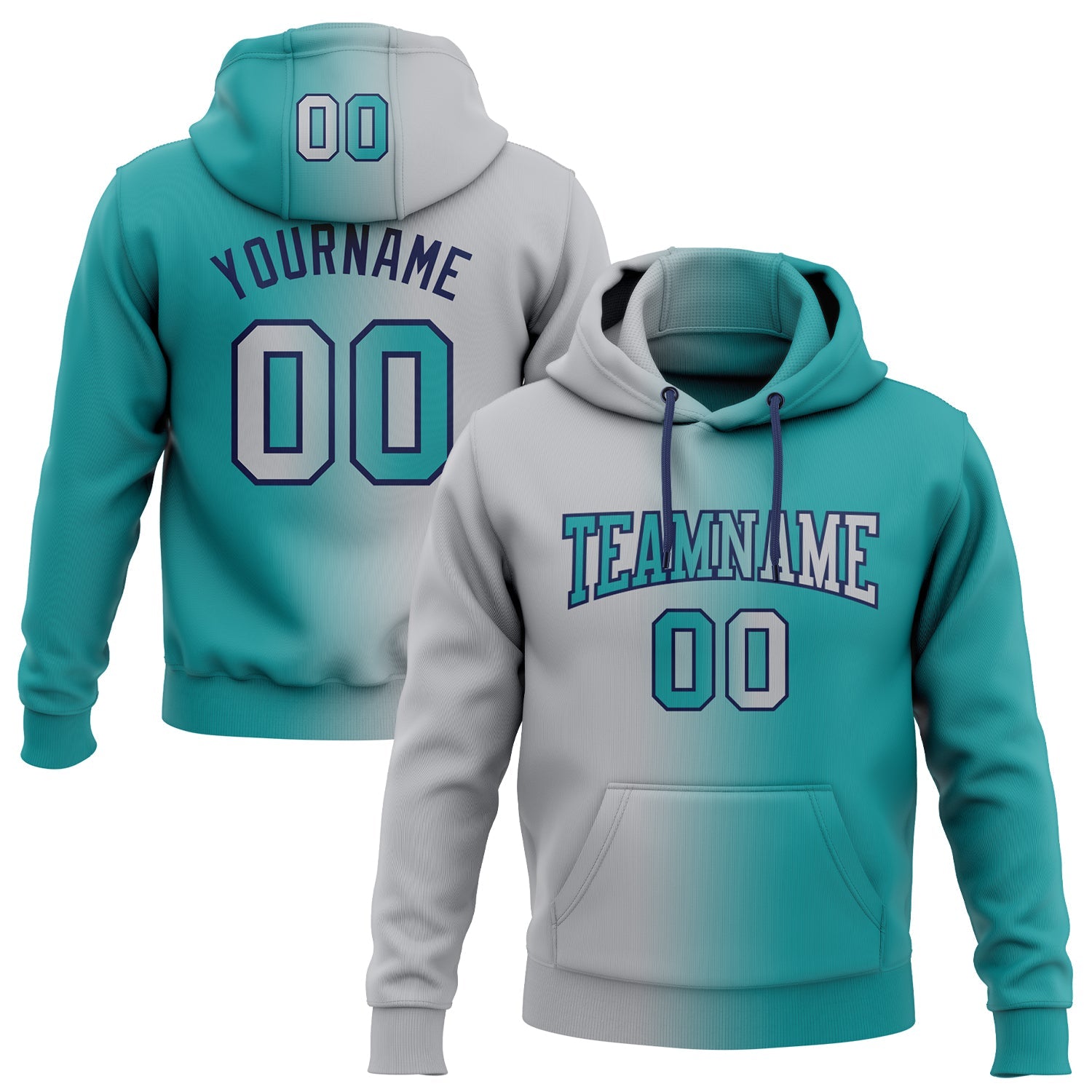 Custom Gradient Fashion Teal Gray-Navy Sports Pullover Sweatshirt Hoodie